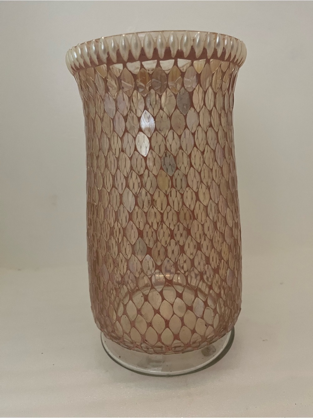 Pink mosaic scale-pattern glass Cylinder Vase, Round Glossy Finish, Beaded Rim